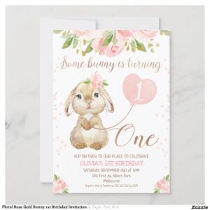 Floral Rose Gold Bunny 1st Birthday Invitation