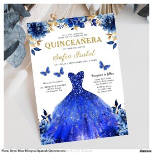 Floral Royal Blue Bilingual Spanish Quinceanera Invitation