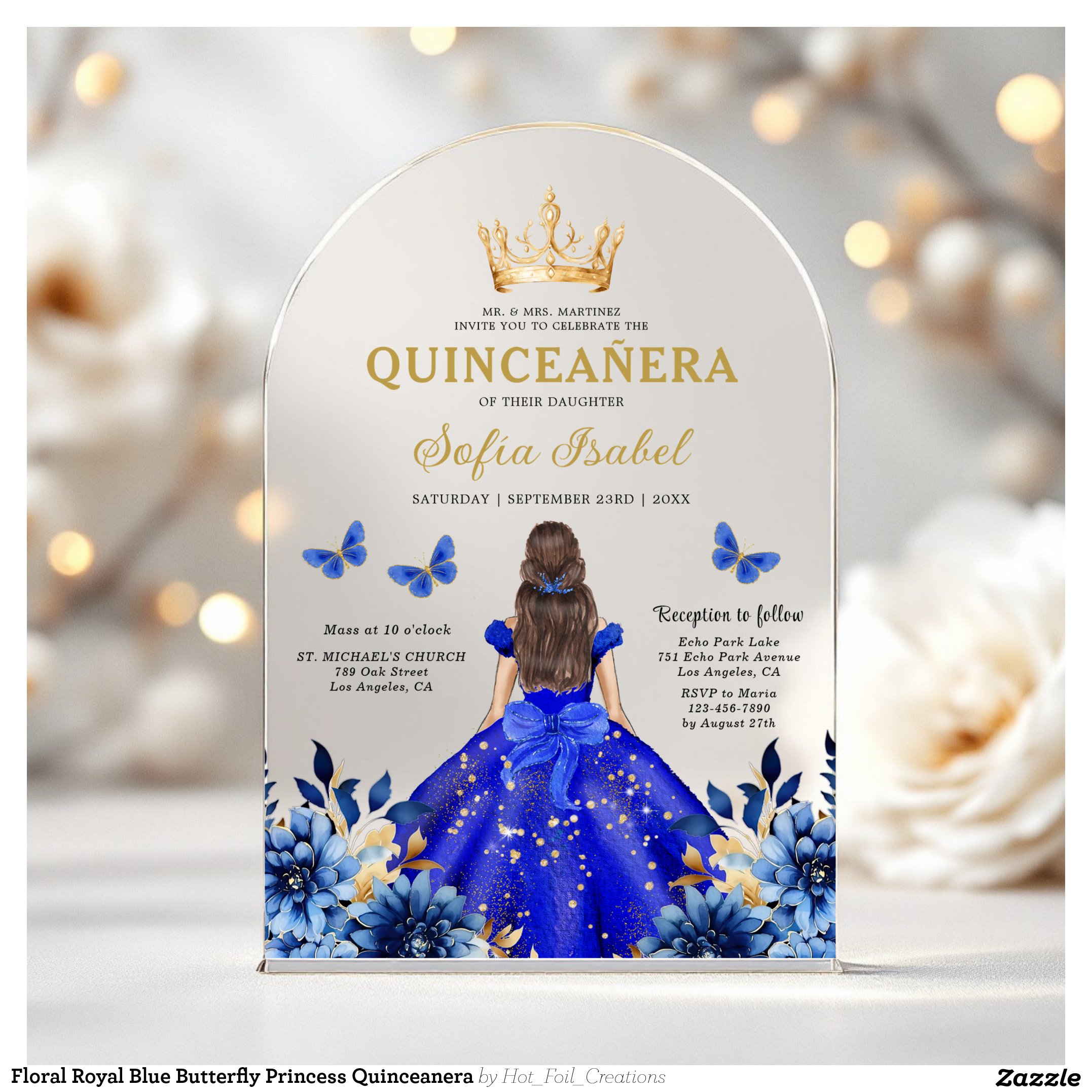Floral Royal Blue Butterfly Princess Quinceanera Acrylic Invitations