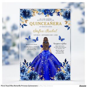 Floral Royal Blue Butterfly Princess Quinceanera Acrylic Invitations