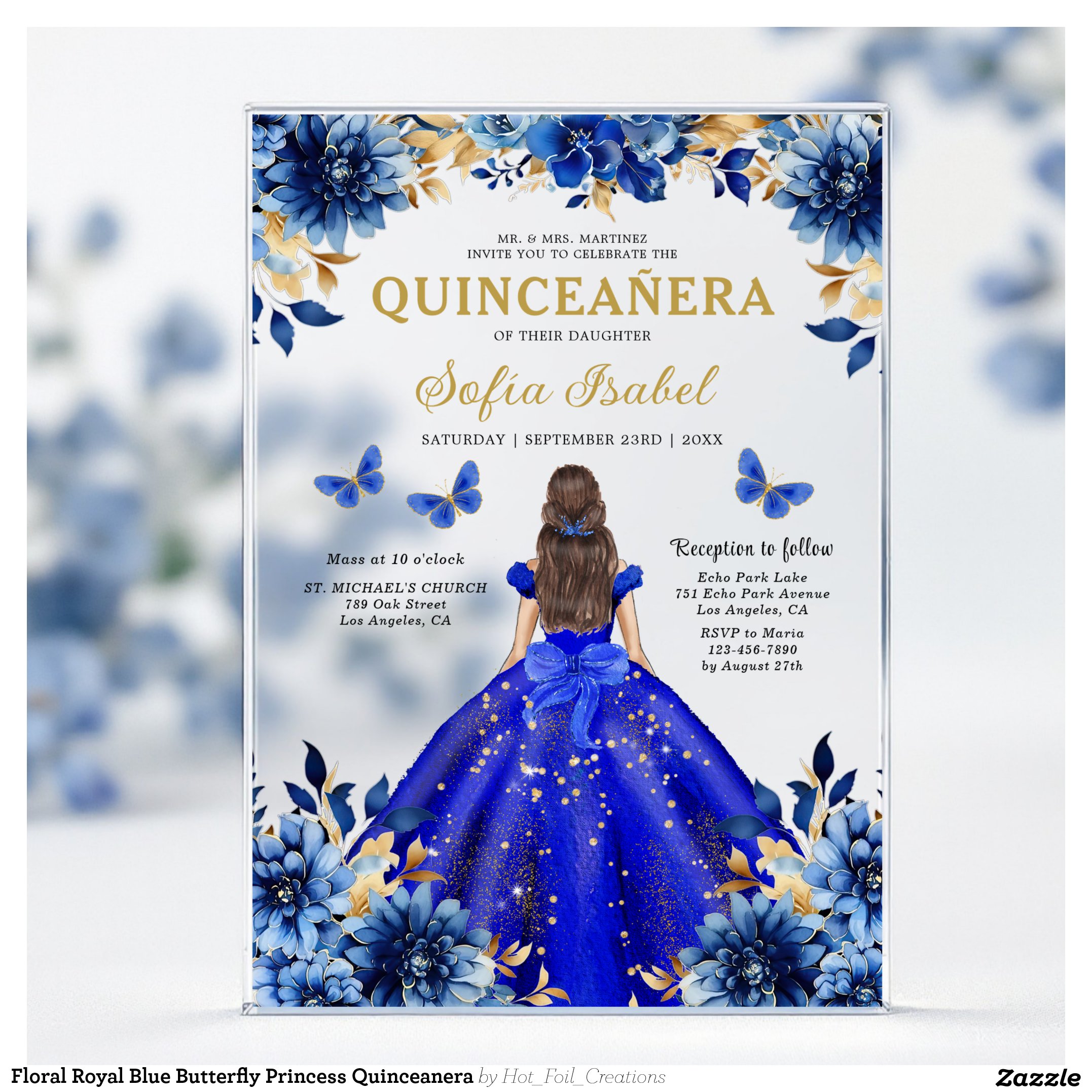 Floral Royal Blue Butterfly Princess Quinceanera Acrylic Invitations