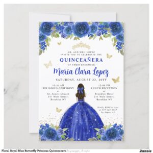 Floral Royal Blue Butterfly Princess Quinceanera Invitation
