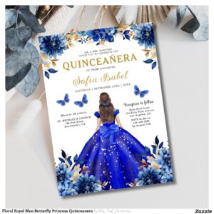 Floral Royal Blue Butterfly Princess Quinceanera Invitation