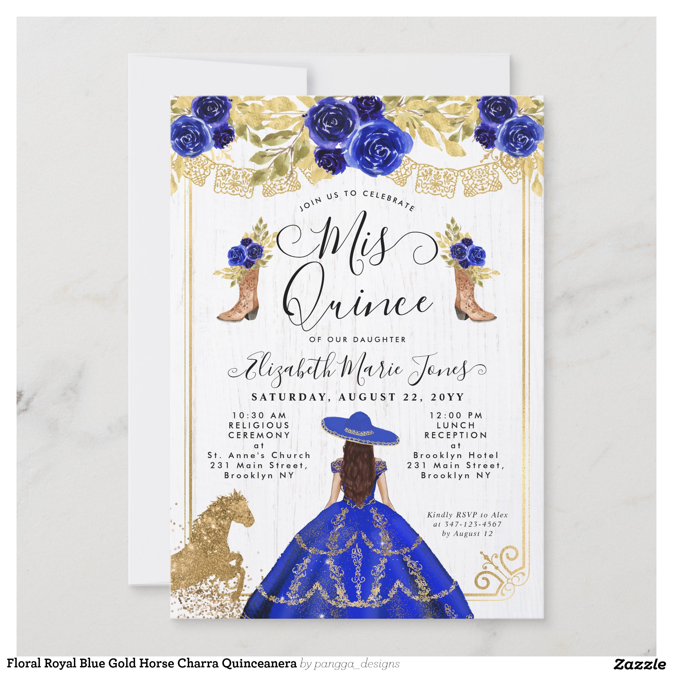 Floral Royal Blue Gold Horse Charra Quinceanera Invitation
