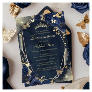 Floral Sparkle Butterfly Navy Gold Quinceanera Foil Invitation