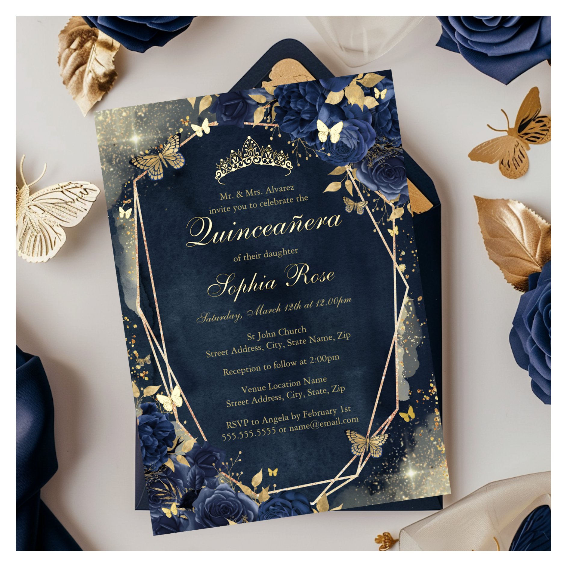 Floral Sparkle Butterfly Navy Gold Quinceanera Foil Invitation