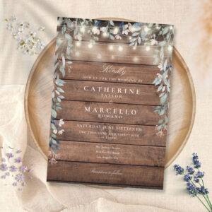 Floral String Lights Rustic Wood Wedding Invitation