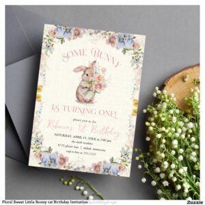 Floral Sweet Little Bunny 1st Birthday Invitation