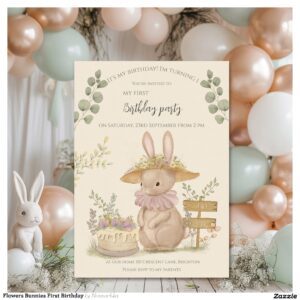 Flowers Bunnies First Birthday Invitation