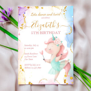 Fluffy rainbow unicorn ballerina birthday party invitation