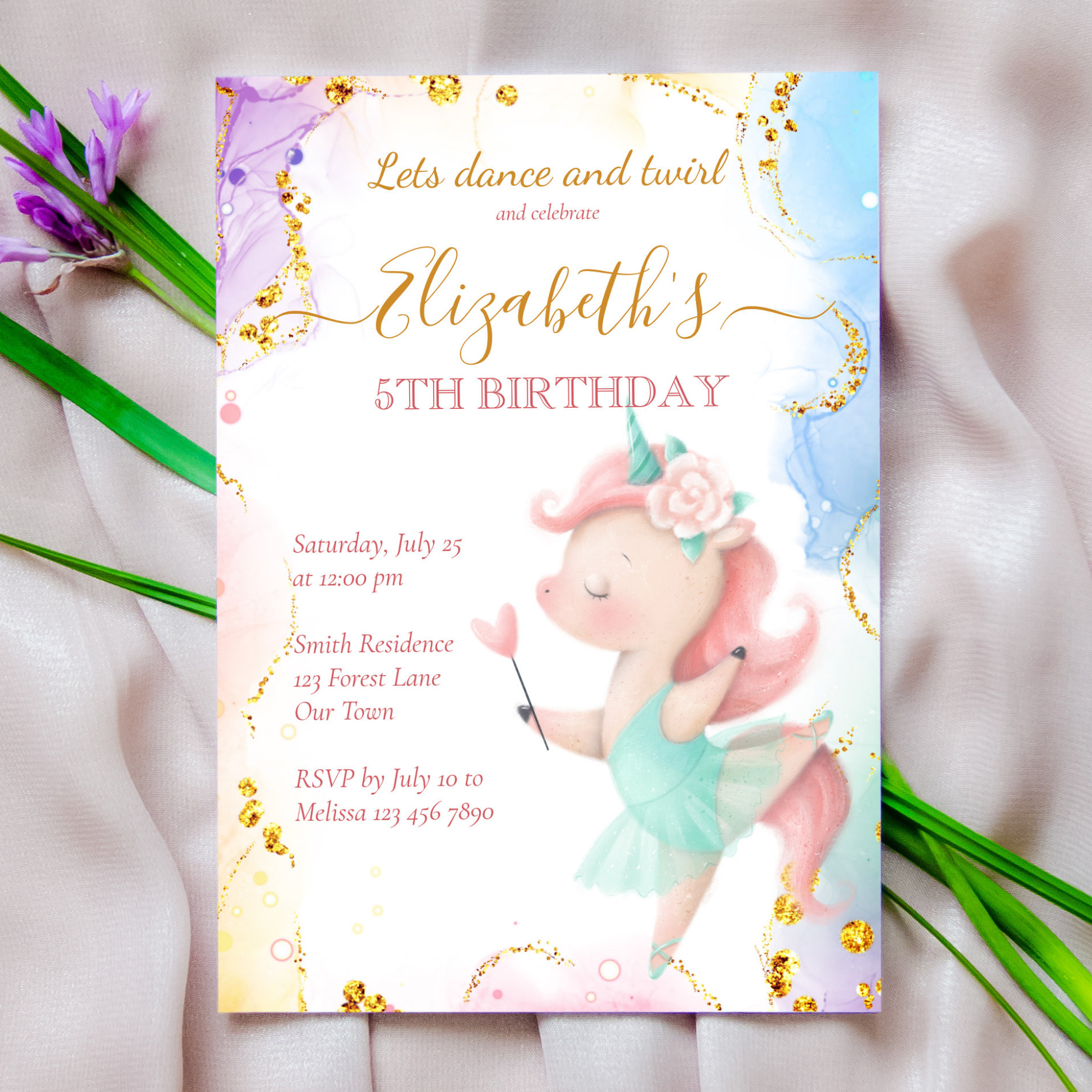 Fluffy rainbow unicorn ballerina birthday party invitation