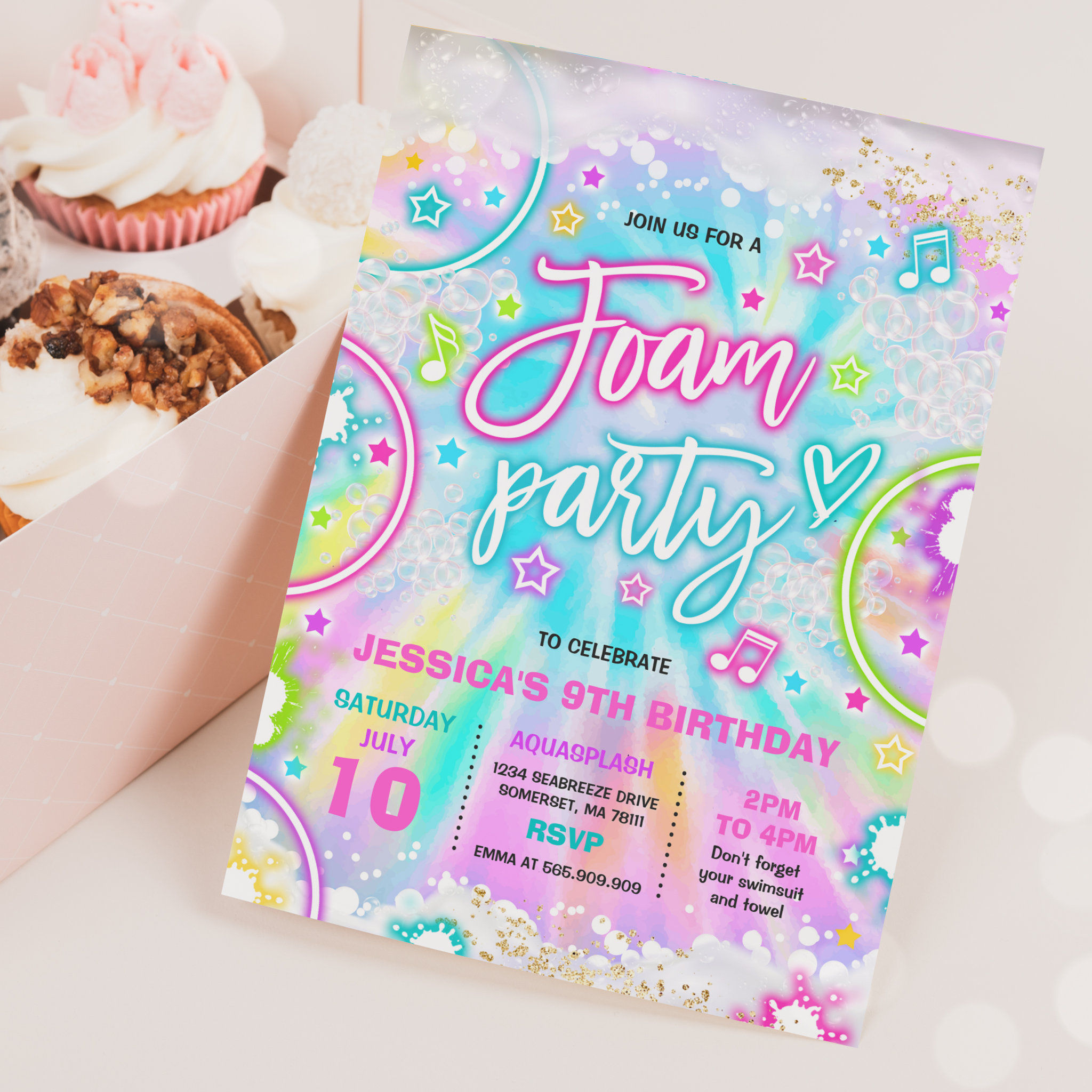 Foam Birthday Party Pool Splash Pad Tie Dye Glow Invitation