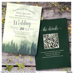 Foggy Green Mountain Pines Rustic QR Code Wedding Invitation
