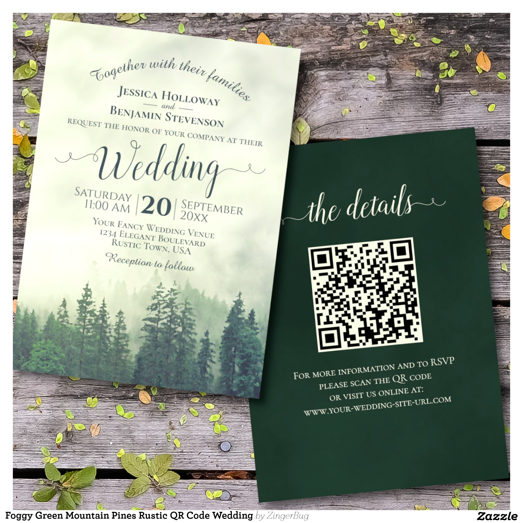 Foggy Green Mountain Pines Rustic QR Code Wedding Invitation
