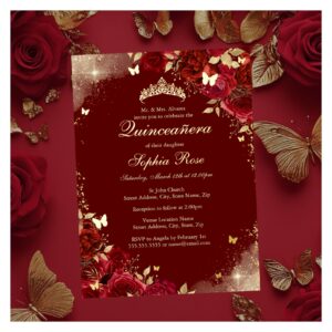 Foil Red Gold Butterfly Floral Quinceanera Foil Invitation