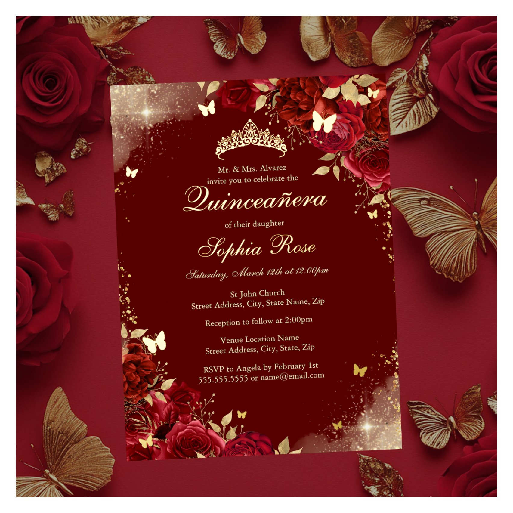 Foil Red Gold Butterfly Floral Quinceanera Foil Invitation