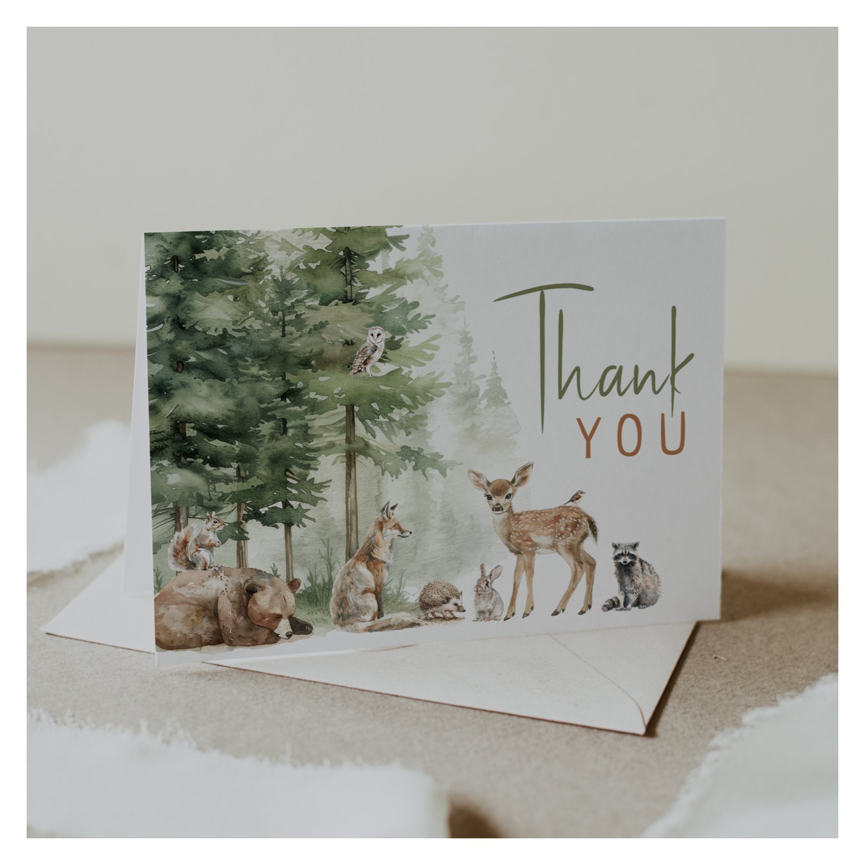 Forest Woodland Animals Baby Shower Folded Thank You Card