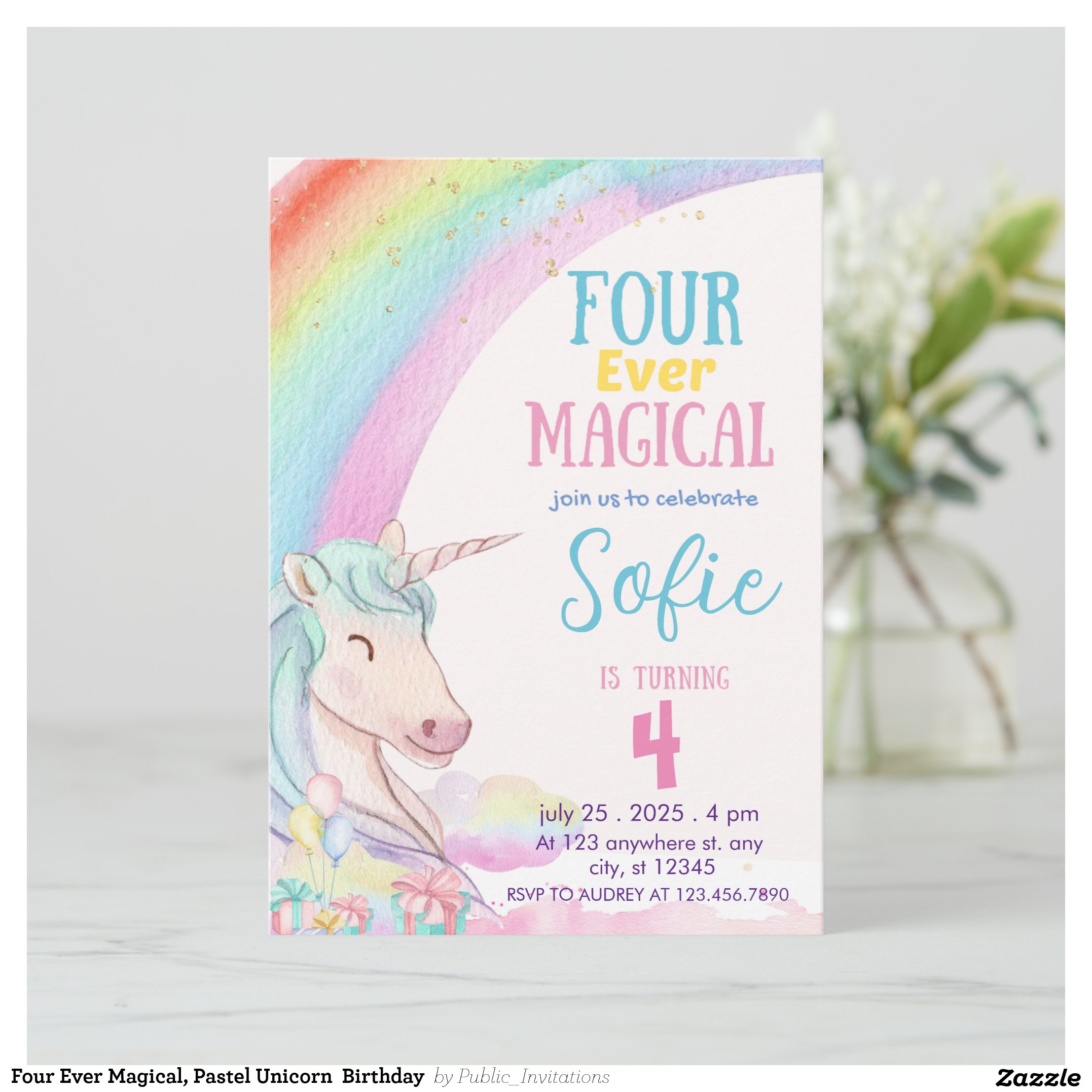 Four Ever Magical, Pastel Unicorn Birthday Invitation