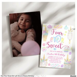 Four Ever Sweet Girl 4th Unicorn Sweets Birthday Invitation