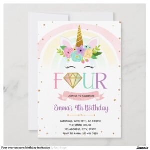 Four ever unicorn birthday invitation