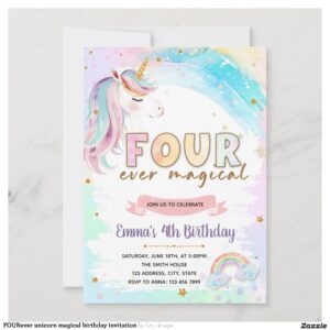 FOURever unicorn magical birthday invitation