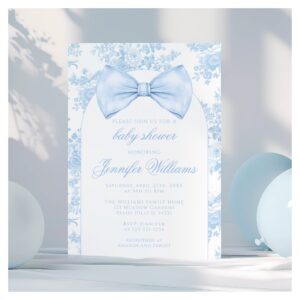French Blue Toile Bow Tie Boho Baby Boy Shower Invitation