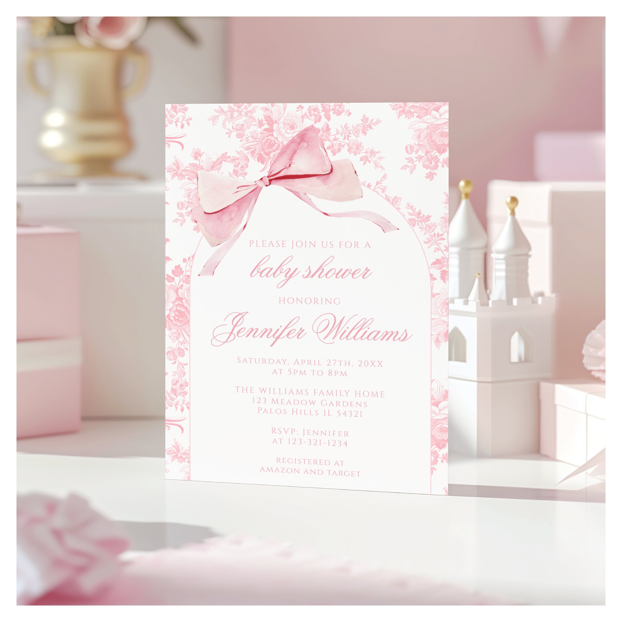 French Pink Toile Floral Bow Boho Baby Girl Shower Invitation