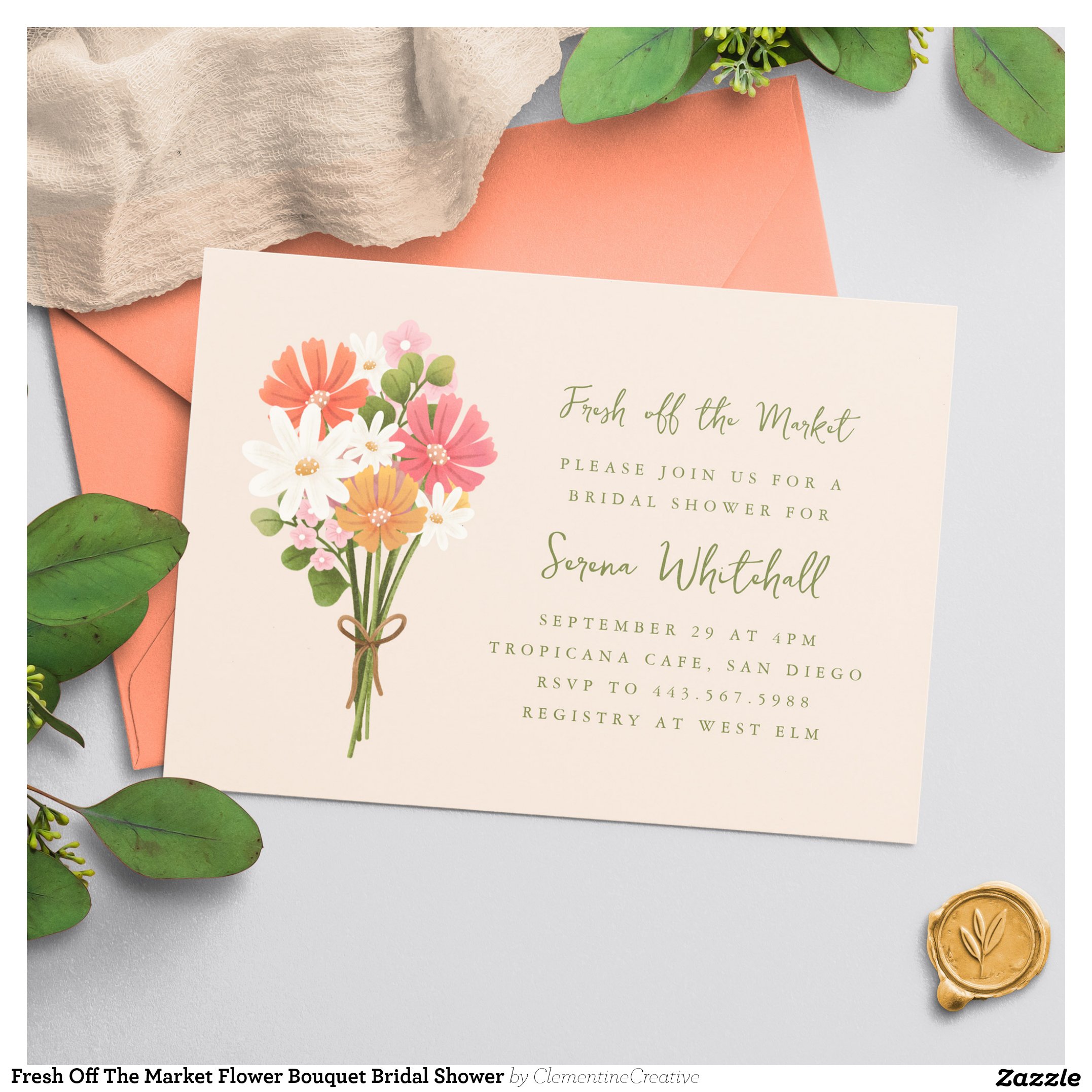 Fresh Off The Market Flower Bouquet Bridal Shower Invitation