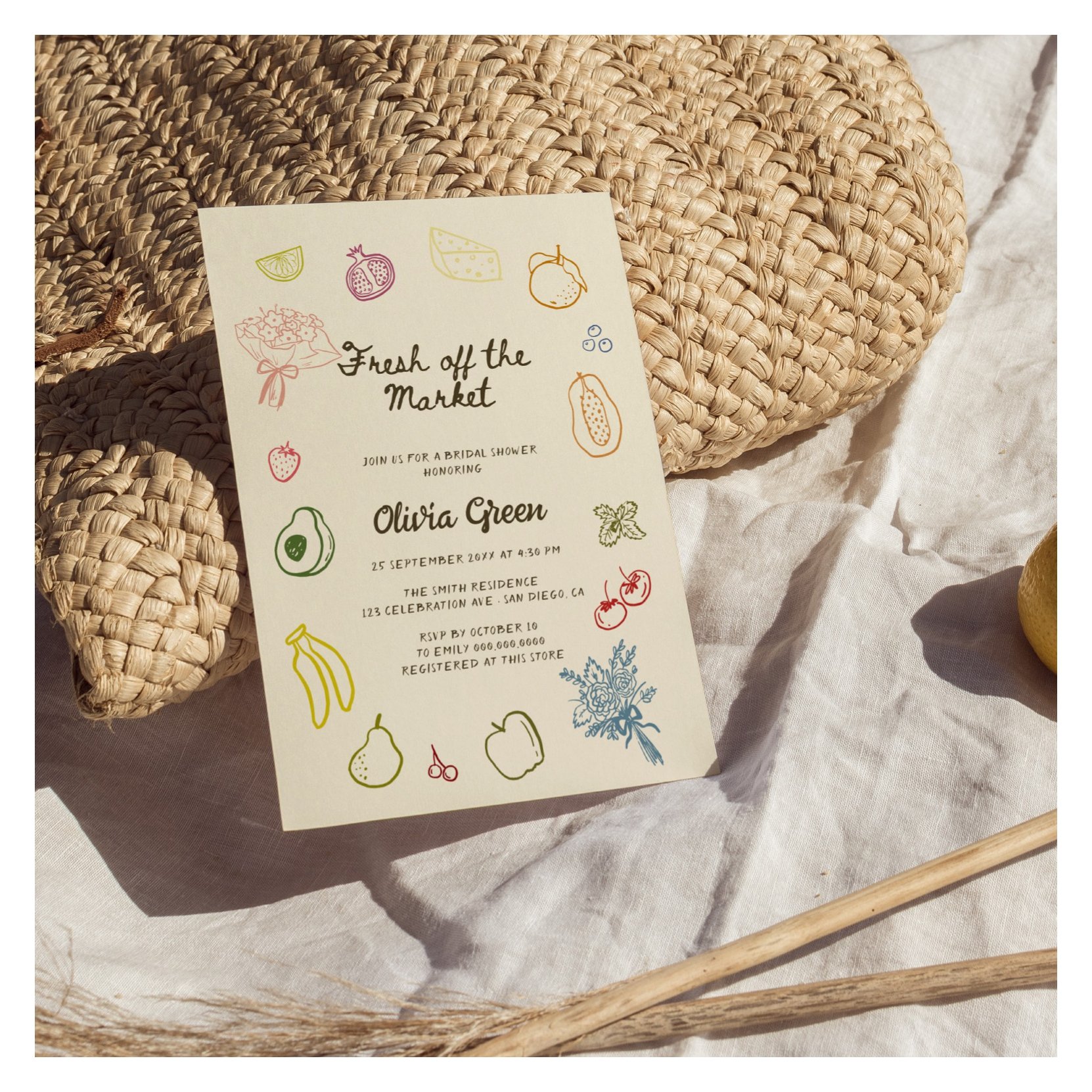 Fresh Off The Market Hand Drawn Bridal Shower Invitation