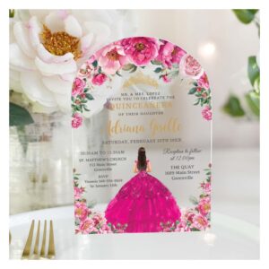 Fuchsia Pink Floral Gold Quinceanera XV Sweet 16 Acrylic Invitations
