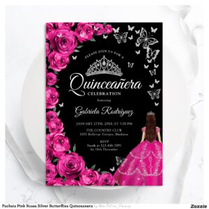 Fuchsia Pink Roses Silver Butterflies Quinceanera Invitation