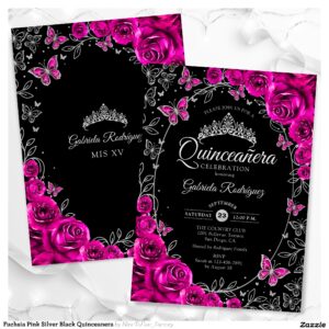 Fuchsia Pink Silver Black Quinceanera Invitation