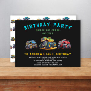 Fun personalized monster truck kids birthday invitation