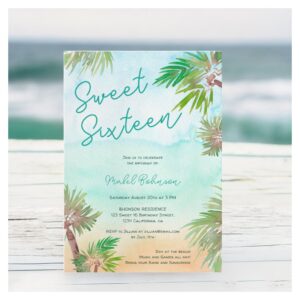 Fun Tropical palm trees watercolor beach Sweet 16 Invitation