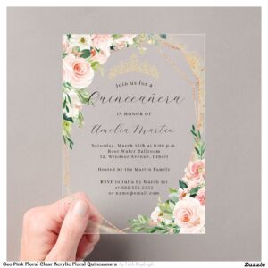 Geo Pink Floral Clear Acrylic Floral Quinceanera Acrylic Invitations