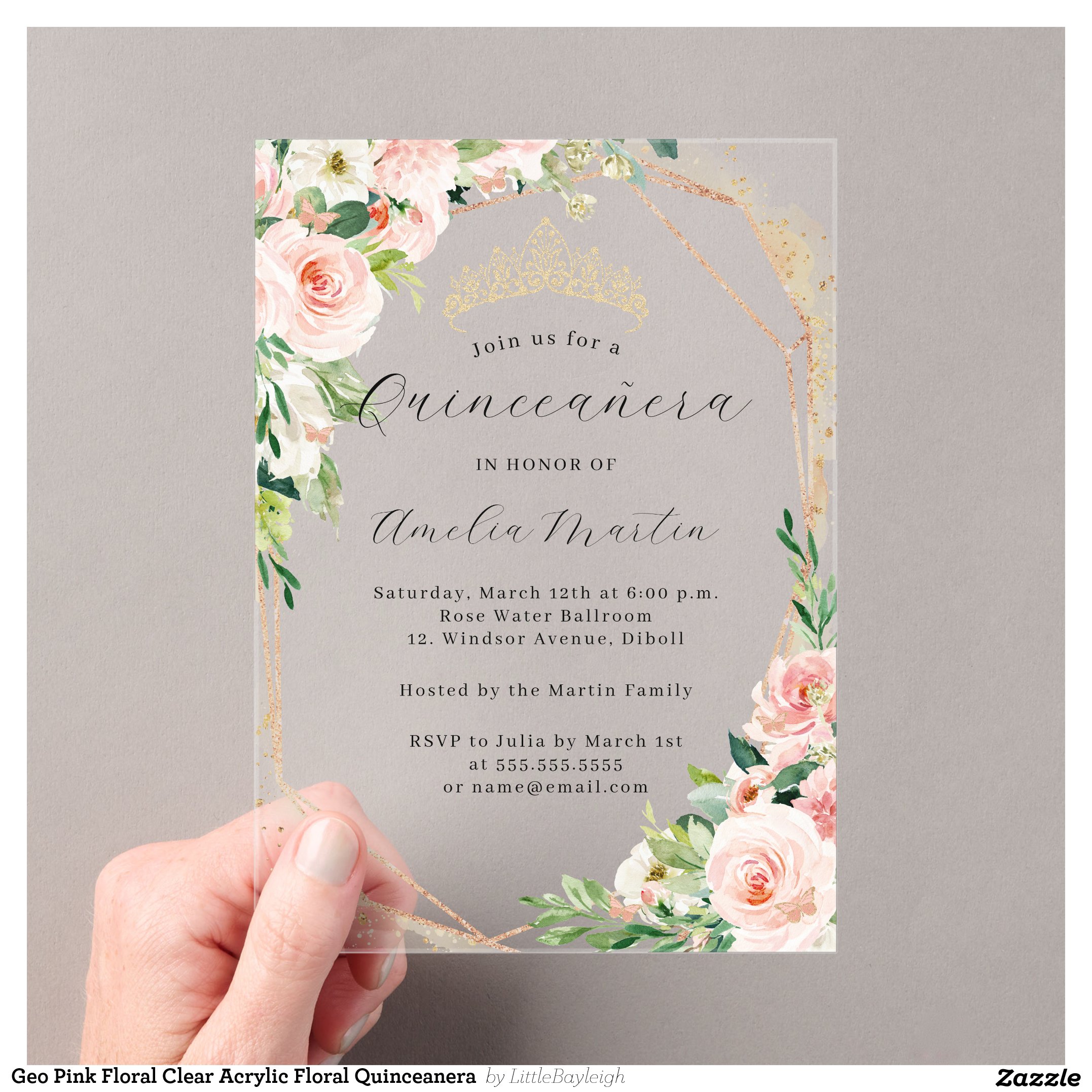 Geo Pink Floral Clear Acrylic Floral Quinceanera Acrylic Invitations