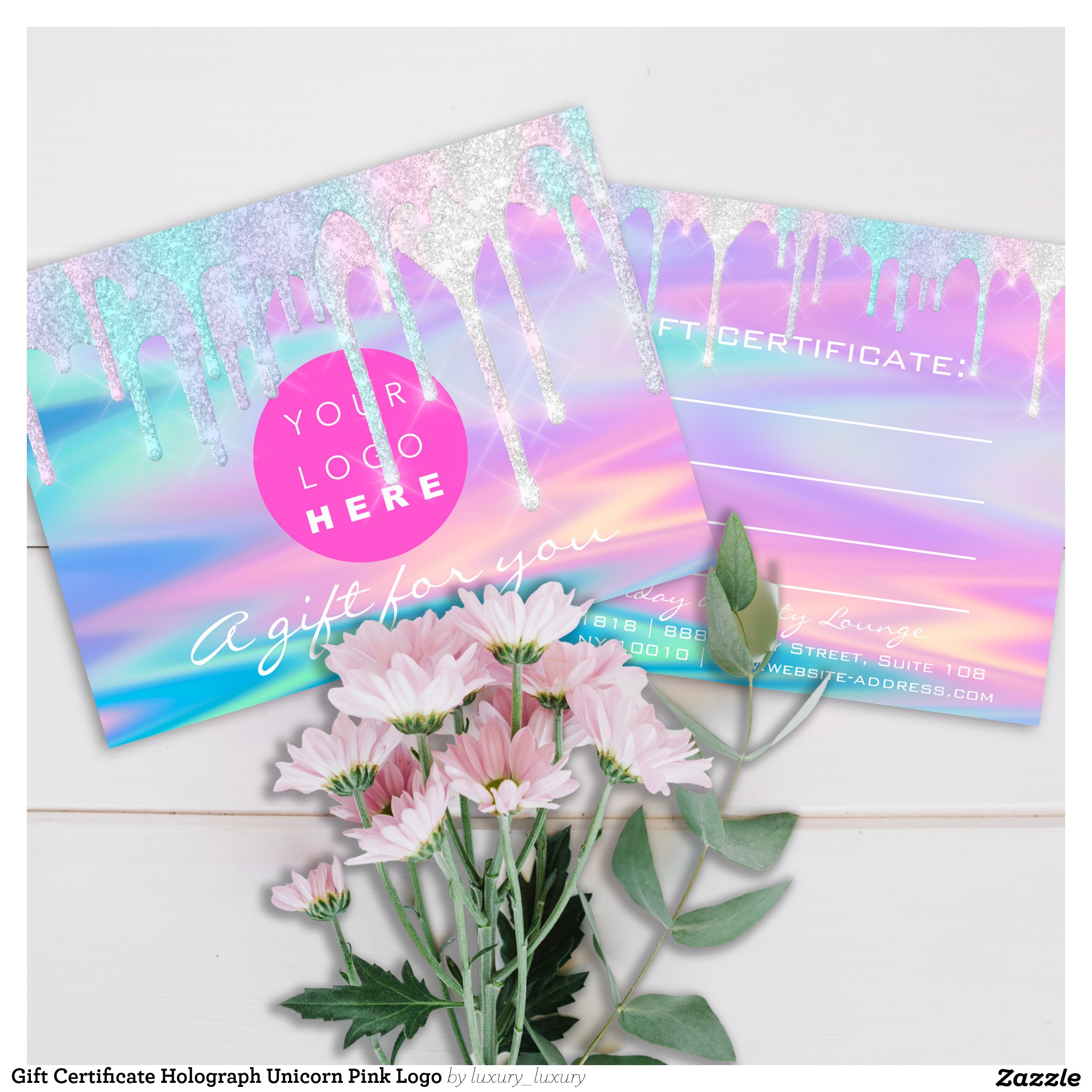 Gift Certificate Holograph Unicorn Pink Logo Postcard