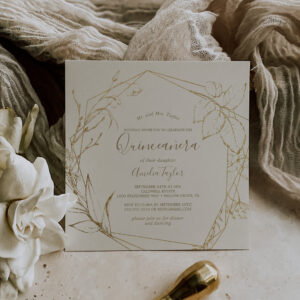 Gilded Floral Cream and Gold Quincea?era Invitation