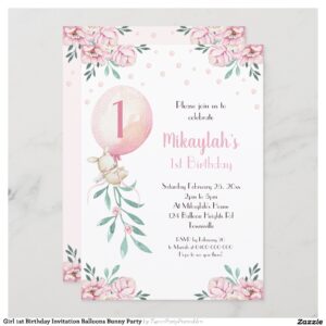 Girl 1st Birthday Invitation Balloons Bunny Party