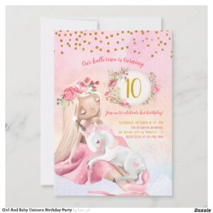 Girl And Baby Unicorn Birthday Party Invitation