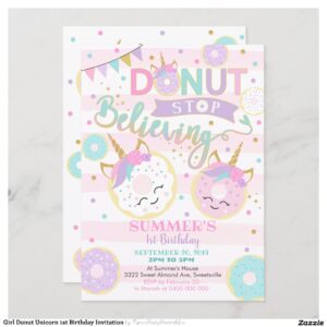 Girl Donut Unicorn 1st Birthday Invitation