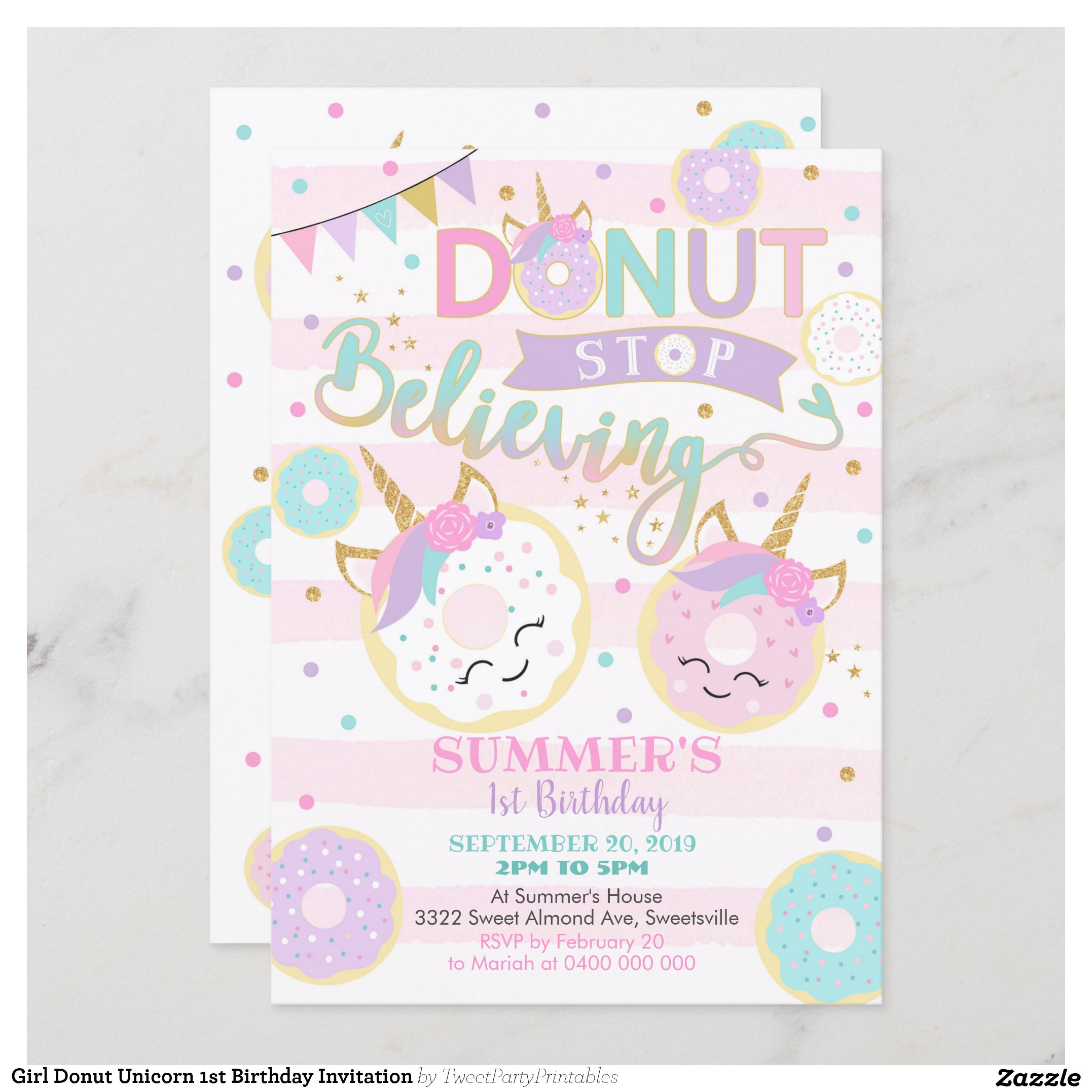 Girl Donut Unicorn 1st Birthday Invitation