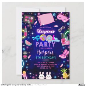 Girl sleepover pool party birthday invite. invitation
