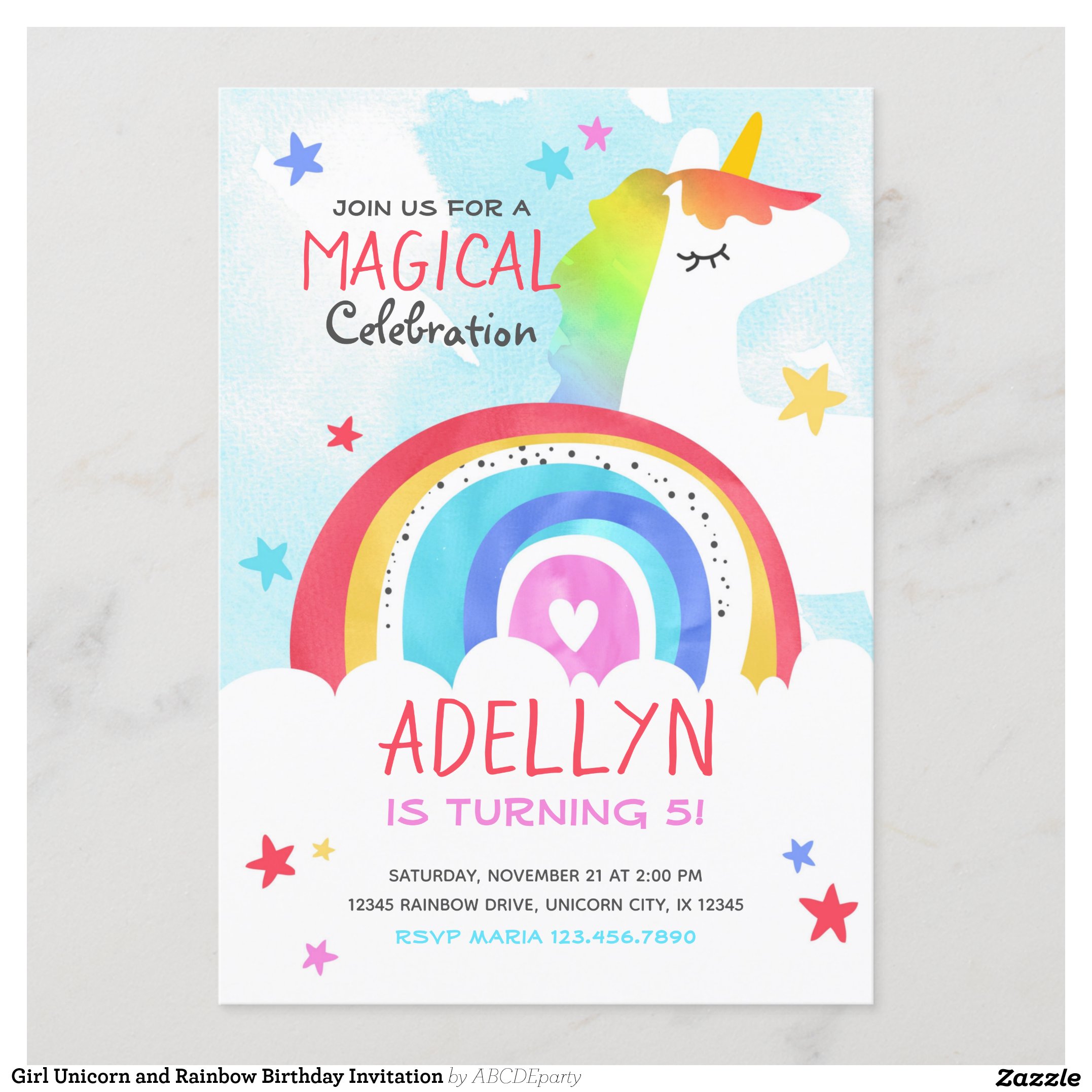 Girl Unicorn and Rainbow Birthday Invitation