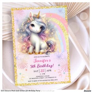 Girl Unicorn Pink Gold Glitter 5th Birthday Party Invitation