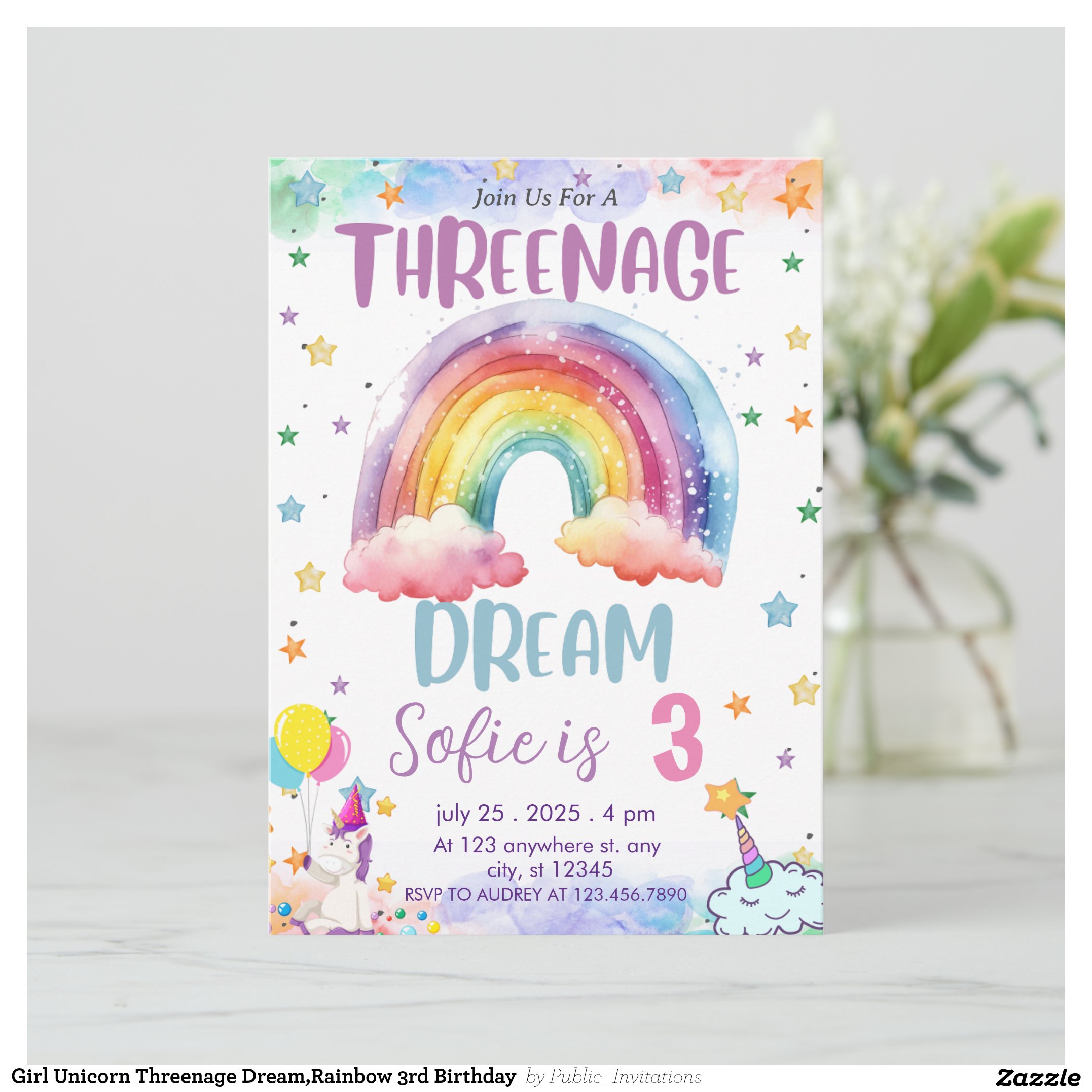 Girl Unicorn Threenage Dream,Rainbow 3rd Birthday Invitation