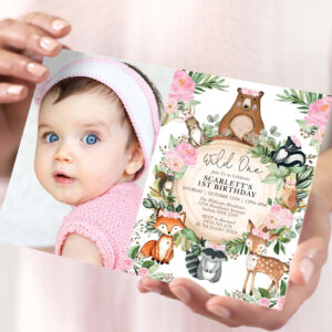 Girl Woodland Forest Pink Floral Wild One Birthday Invitation