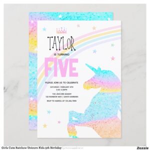Girls Cute Rainbow Unicorn Kids 5th Birthday Invitation