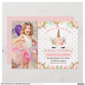 Girls Floral Unicorn Birthday Invitation