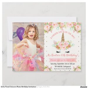 Girls Floral Unicorn Photo Birthday Invitation